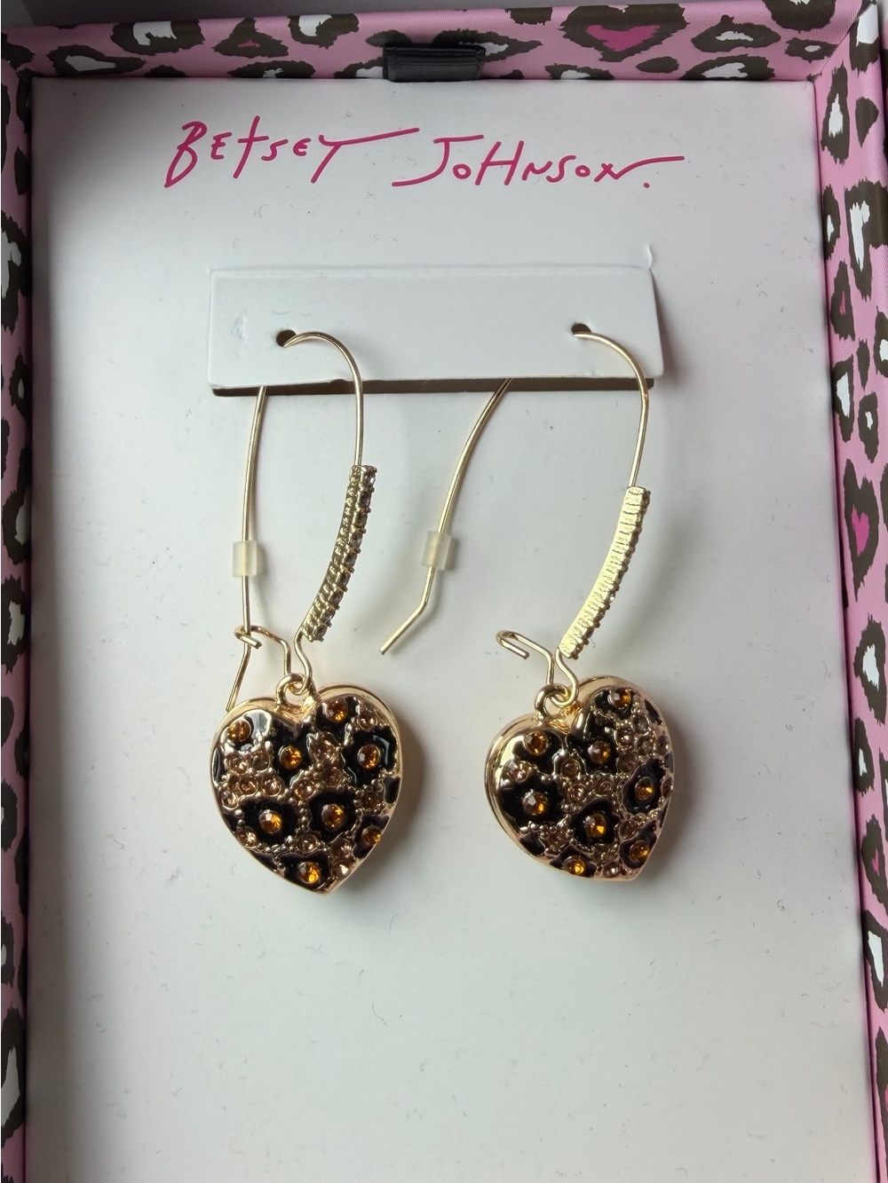 Betsey Johnson Leaping Leopards Heart Drop Earrings with Amber Rhinestones